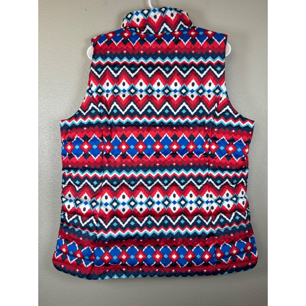 Lands' End Down Puffer Vest Womens L Tall Red Blue White Geometric Aztec Pattern - Picture 5 of 9